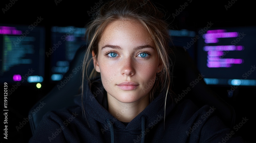 Obraz premium Portrait of a young woman programmer working late at night