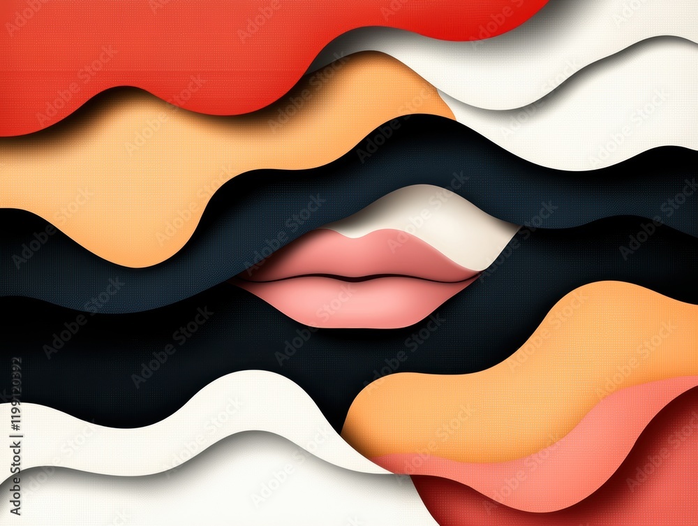 Abstract colorful wavy layers with lips in the center Abstract colorful wavy layers with lips in the center