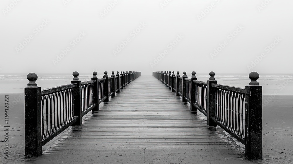Obraz premium Misty pier walkway seaside black and white