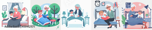 vector set of grandmother telling stories to grandchildren