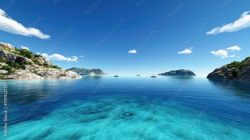 Serene seascape with clear waters and distant islands under blue skies. Serene seascape with clear waters and distant islands under blue skies.