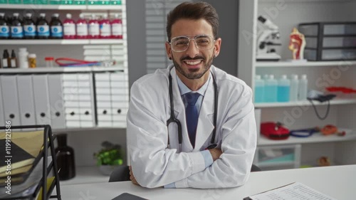 Wallpaper Mural Young man doctor smiling confidently in hospital room with medical equipment and files, creating a welcoming clinic environment. Torontodigital.ca