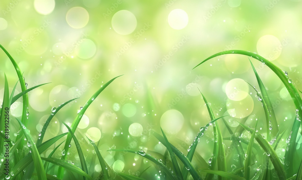 Obraz premium Green border of grass. Many dew drops glow and sparkle in sun in morning fresh wet grass in nature. Beautiful bokeh circles.