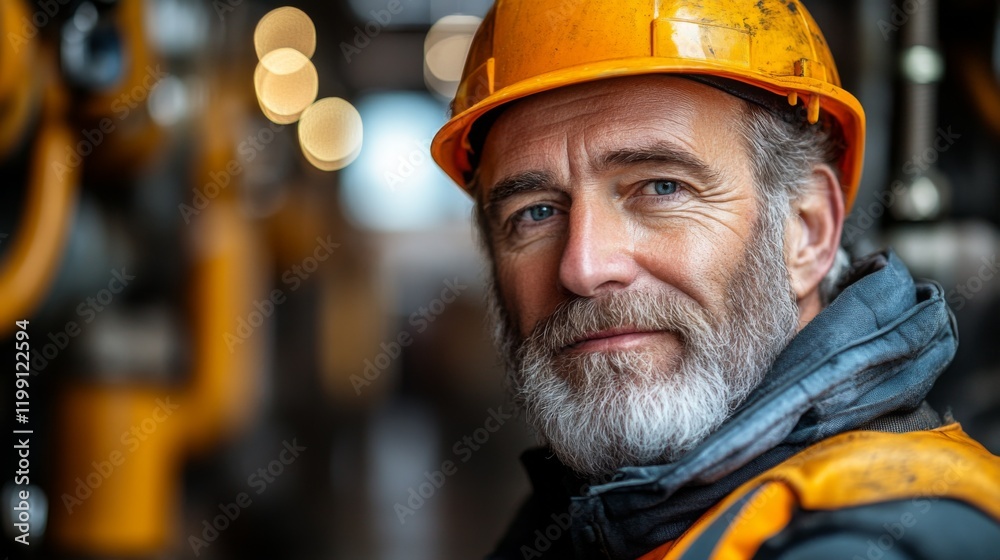 Experienced worker wearing safety helmet and gear at industrial site during daylight hours Experienced worker wearing safety helmet and gear at industrial site during daylight hours