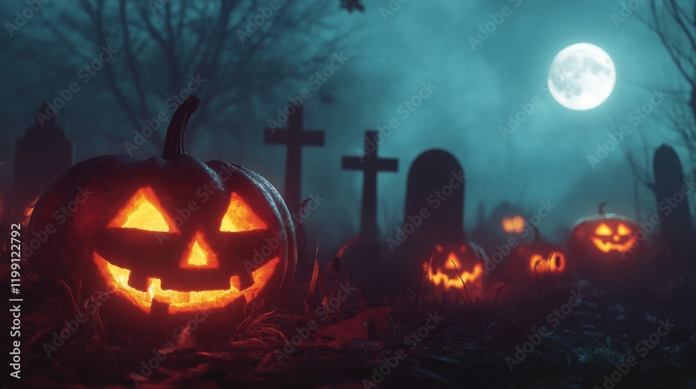 Fototapeta premium A Glowing Jack-o'-Lantern in a Spooky Graveyard on a Foggy Halloween Night
