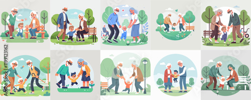 vector set of grandparents with grandchildren