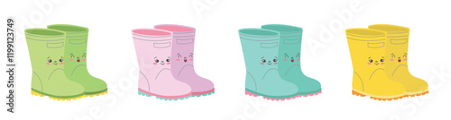 Yellow rubber boots.Children's rubber boots in different colors, cute illustration in cartoon flat style. Smiling rubber boots set for spring child illustration.