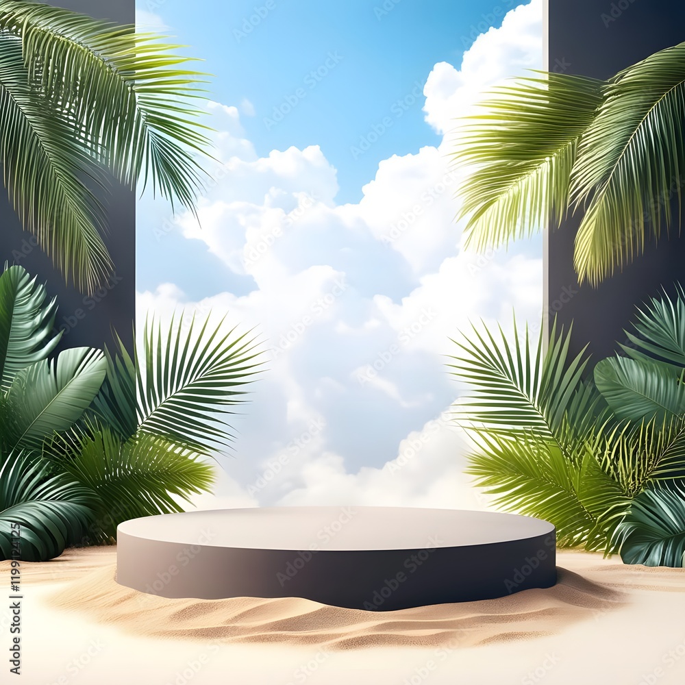 Fototapeta premium Vibrant Tropical Podium Palm Leaves and Sandy Textures