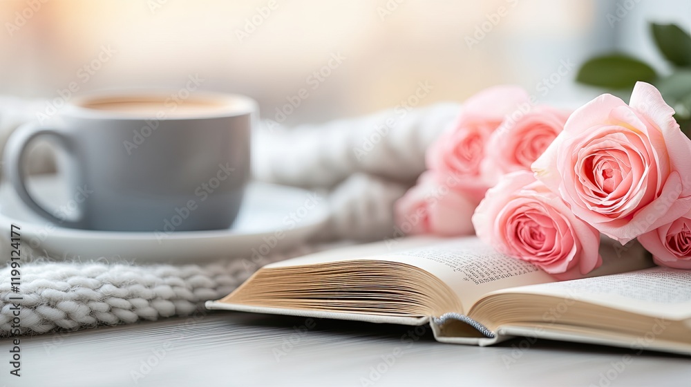 Open Book with Pink Roses and Coffee for a Cozy and Romantic Setting Open Book with Pink Roses and Coffee for a Cozy and Romantic Setting