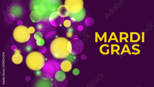 Mardi Gras festive background. Bright bokeh lights. Graphic template for Fat Tuesday holiday celebration. Vector illustration.