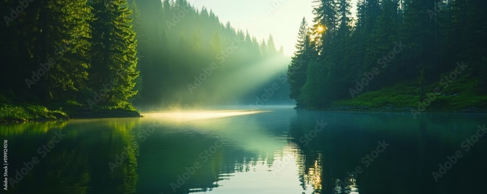 Obraz premium Peaceful sunrise over serene lake with lush green forest reflections.