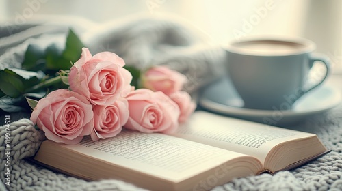 Open Book with Pink Roses and Coffee for a Cozy and Romantic Setting