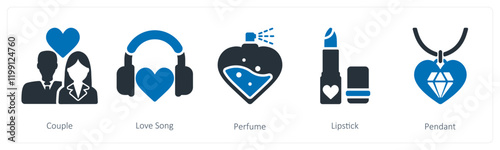 A set of 5 valentine's day icons as  couple, love song, perfume