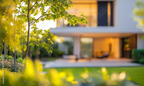 Wallpaper Mural House building blurred background. trees and garden in front of home building, modern house in nature, abstract architecture with green environment concept Torontodigital.ca