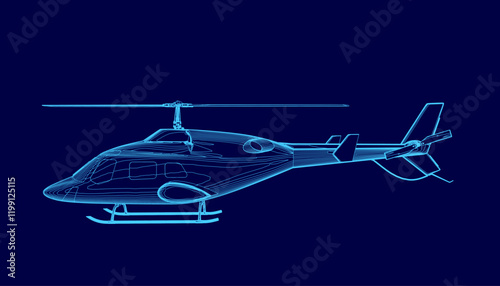 Blue helicopter is shown in a stylized way. The image has a futuristic feel to it