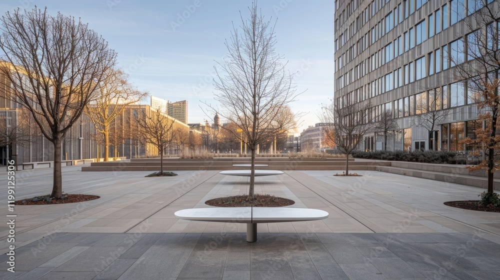 Fototapeta premium A white satellite dish is installed on the rooftop of an office building, set against a vibrant blue sky. The image captures a clear day, showcasing modern architecture and communication technology