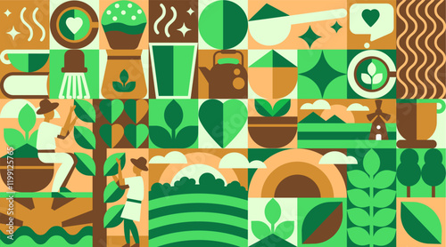 Matcha and Green Tea Pattern with minimalist icons. A Geometric Journey from Field to Cup Matcha