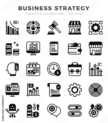 Business Strategy Lineal Filled icons collection. 25 icon set. Vector illustration.