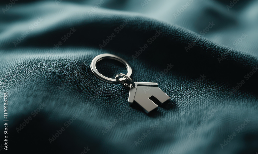 Elegant Metal Keychain with House Shape Resting on Blue Fabric Symbolizing Home Ownership and Modern Lifestyle