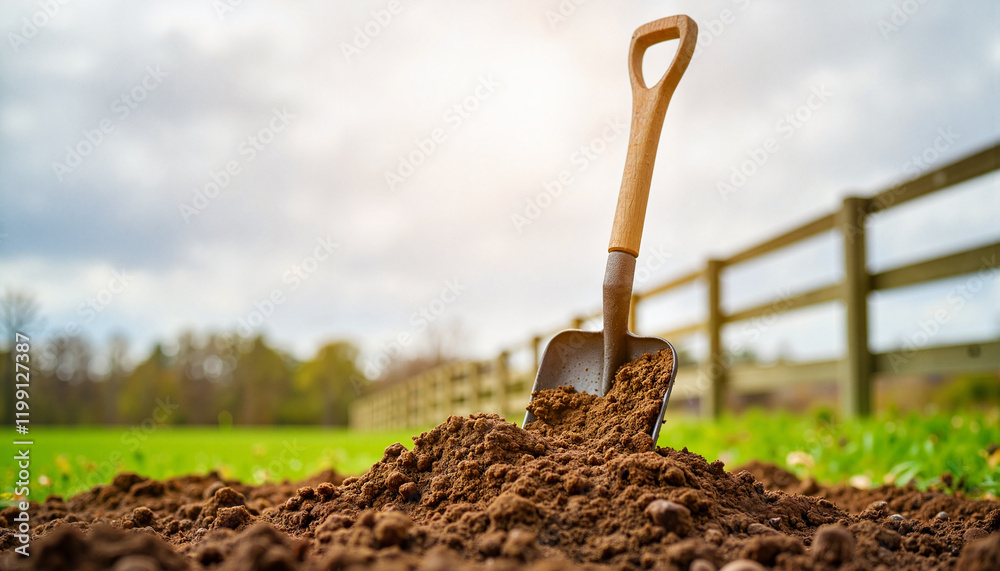 Small shovel digging into dirt pile on rural farm, agricultural work Small shovel digging into dirt pile on rural farm, agricultural work