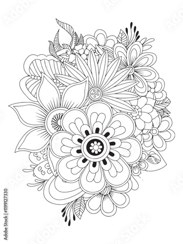 Floral Symphony: An intricate black and white floral design, reminiscent of a coloring page, showcases a multitude of blossoms arranged in a detailed, artistic composition.