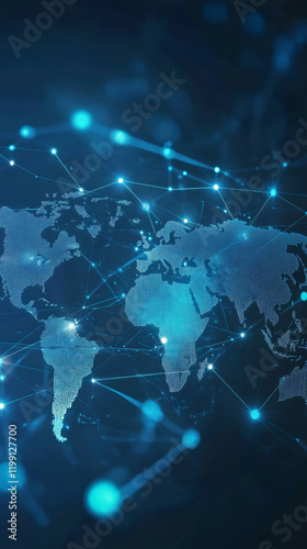 Futuristic world map showing global network and data exchange with glowing lines and bright spots on dark blue background