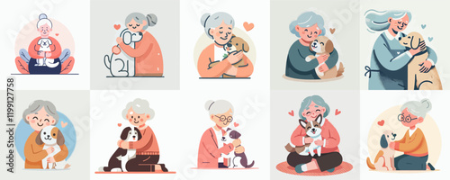 senior people vector set with their pet dog