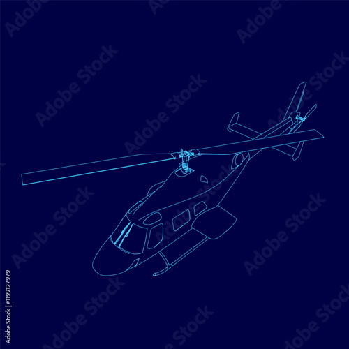 Blue helicopter is depicted in a blue drawing. The image is blue which gives it a classic and timeless feel