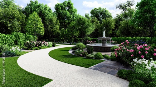 Serene garden pathway with fountain and vibrant flowers.