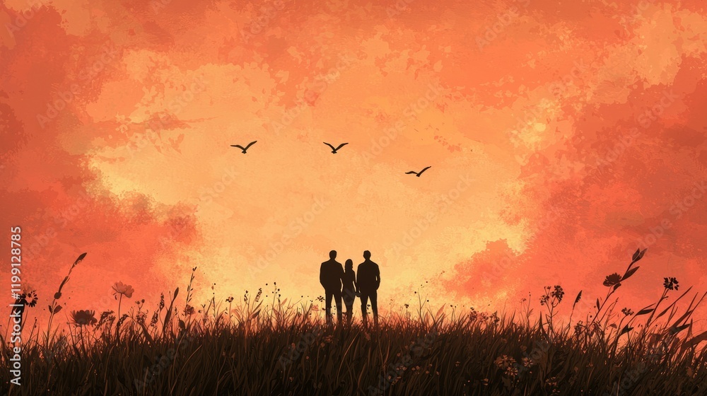 Fototapeta premium Couple stands together in a grassy field under a vibrant sunset with birds flying in the sky