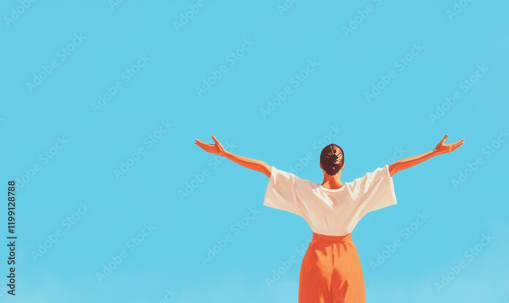 Embracing Freedom: A Woman with Open Arms against a Vibrant Blue Sky Captures the Joyous Feeling of Liberation and Serenity Embracing Freedom: A Woman with Open Arms against a Vibrant Blue Sky Captures the Joyous Feeling of Liberation and Serenity
