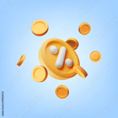 3D percent sign golden sign with coins. Render money, finance or business concept. Percentage, sale, discount, promotion and shopping symbol. Offer price tag, coupon bonus. Vector illustration