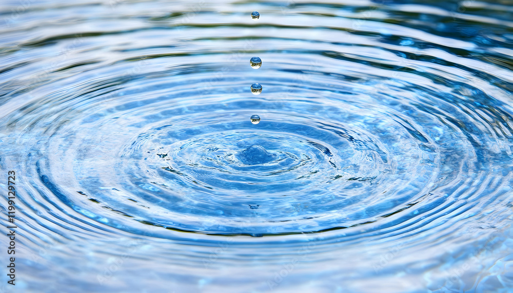 Stunning close-up of water droplets creating concentric ripples on a serene blue surface. Perfect for concepts of peace, tranquility, and the beauty of nature. Stunning close-up of water droplets creating concentric ripples on a serene blue surface. Perfect for concepts of peace, tranquility, and the beauty of nature.