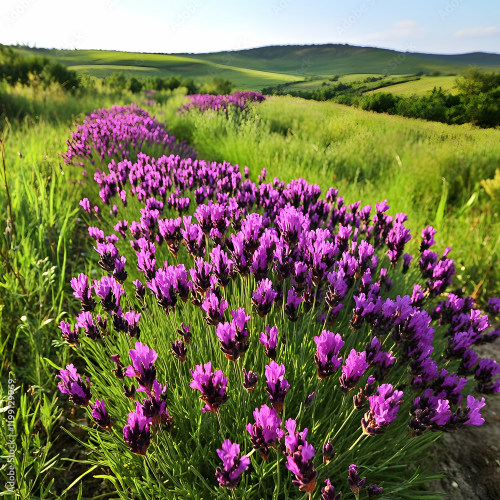 Obraz premium A patch of blooming lavender in full bloom, its purple flowers contrasting with the green summer landscape