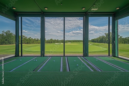 Indoor Golfing Facility with Modern Technology and Scenic View of Lush Green Fairway and Clouds in a Bright Blue Sky