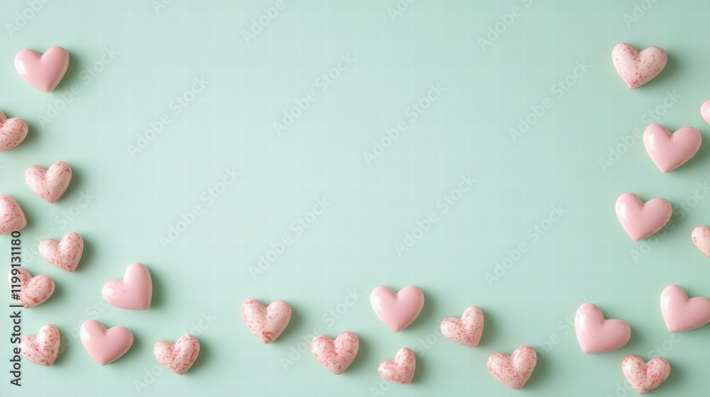 A border banner with light green background and pink festive hearts, st valentine day concept A border banner with light green background and pink festive hearts, st valentine day concept