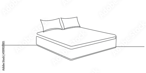 continuous line drawing of bed mattress.one line drawing of mattress with two pillows.single line vector illustration of hotel bed, apartment and others.isolated white background