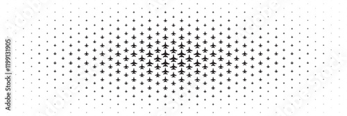 horizontal halftone of black fighter plane spread from center for pattern and background.