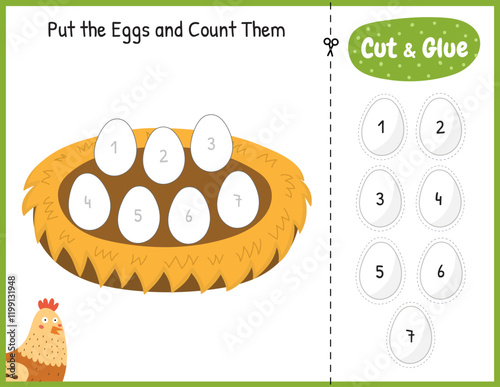 Put eggs in the nest matching game for kids. Cut and glue educational activity page. Match the numbers. Vector illustration