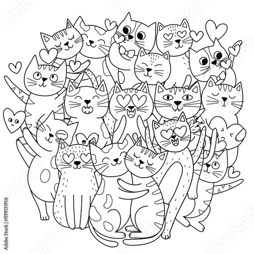 Cute cats in love circle shape coloring page. Valentine's Day and Love feline characters mandala for coloring book. Vector illustration