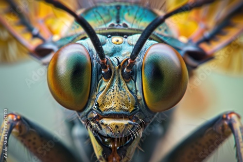 Extreme macro close up of a cuckoo wasp, showcasing its vibrant iridescent colors and intricate details photo