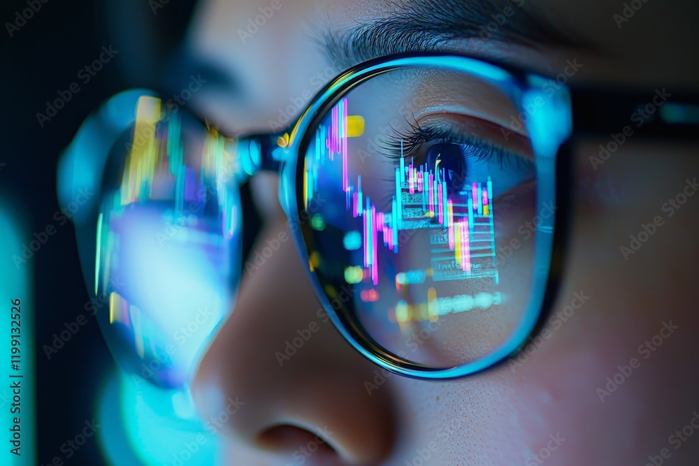 close-up of a person wearing glasses with a reflection of a stock chart close-up of a person wearing glasses with a reflection of a stock chart