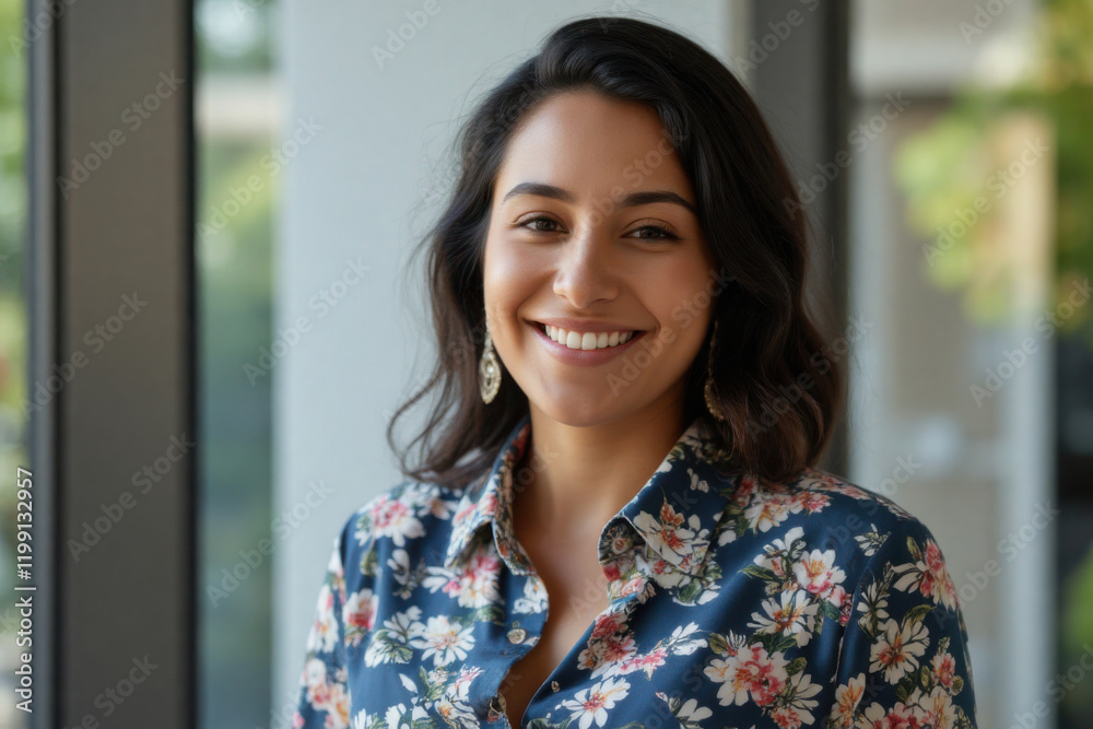 a woman wearing a floral shirt, smiling and looking directly at the camera a woman wearing a floral shirt, smiling and looking directly at the camera