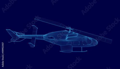 Computer-generated image of a blue helicopter is displayed on a blue background. The image is of a helicopter with a blue background, and it is a stylized representation of a real helicopter