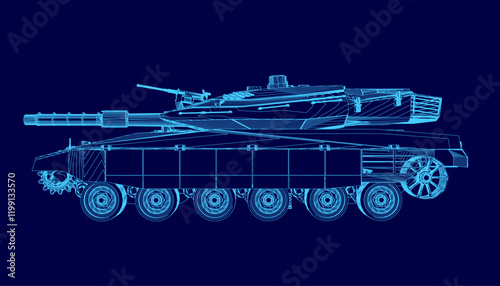 Blue tank wireframe. The tank is a military vehicle