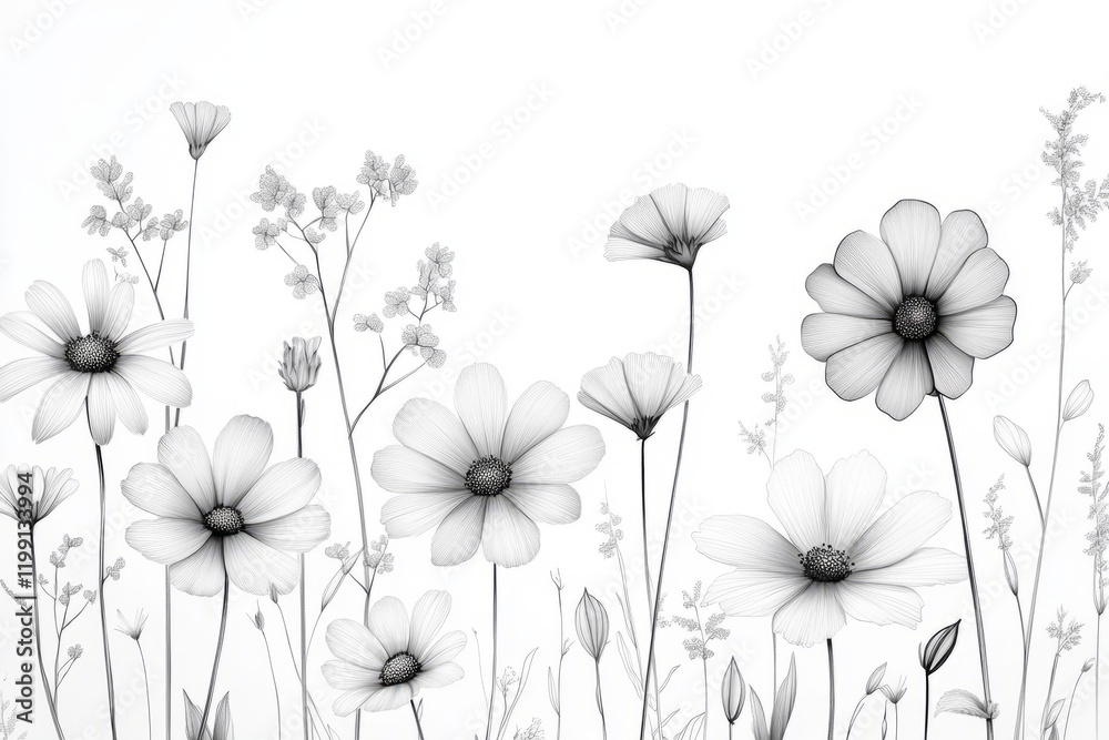 Naklejka premium Delicate field flowers print in monochrome, thin and intricate line drawings of wildflowers like daisies and grasses, arranged naturally on a clean white background, minimalist and elegant compositio