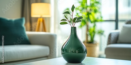 A stylish living room scene featuring a green vase with leaves. The soft lighting creates a warm atmosphere. Perfect for home decor inspiration. Modern design with natural elements. AI photo