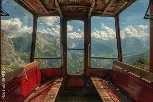 Empty wooden seats inside an old cable car offer breathtaking views of a picturesque valley and towering mountains