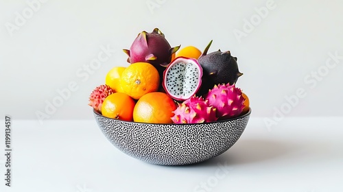 Fototapeta Naklejka Na Ścianę i Meble -  A bowl of mixed exotic fruits like dragon fruit, passion fruit, and lychee placed on a plain white surface