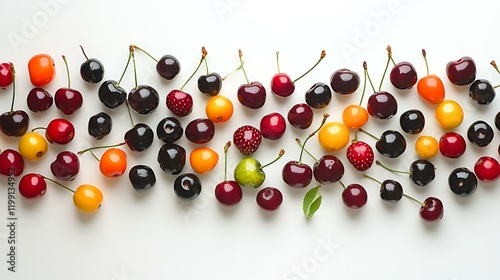 A colorful mix of berries and cherries placed in a random scatter on a clean white background